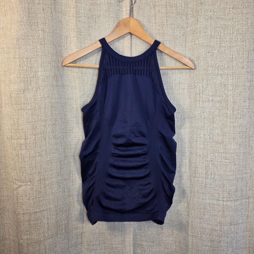 Athleta Seamless Mesh High Neck Tank Top Women's XS Navy Blue Halter Stretch